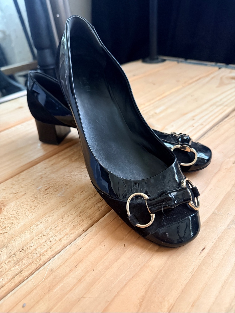 Gucci | Black Patent Low Block Heel Pumps with Gold Buckle Detail
